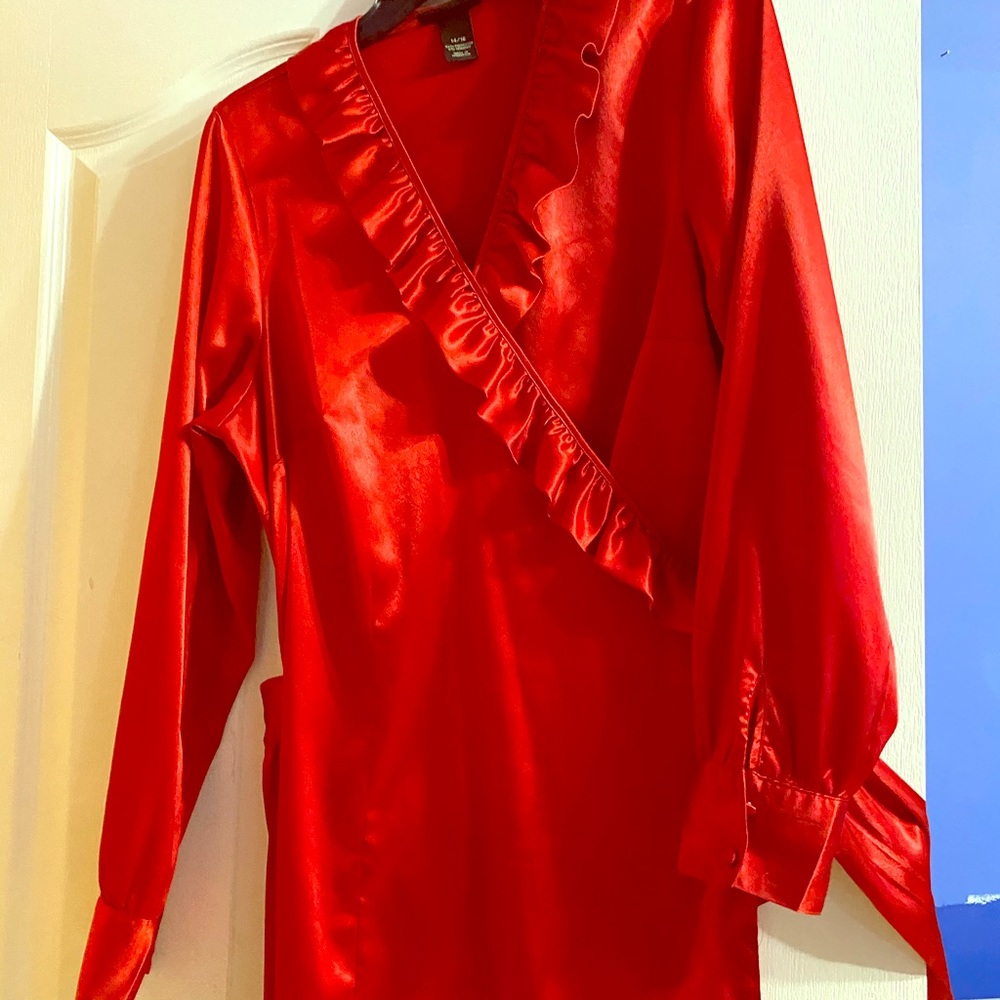 Silk red long sleeve wrap shirt
